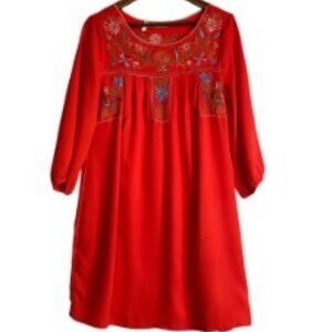 ANGELA FASHION FLORAL EMBROIDERED PEASANT TANGERINE TUNIC DRESS -MED